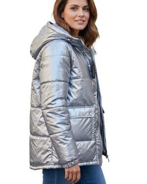 PRETTY LITTLE THING Women's 10 Jacket Puffer Coat Silver Metallic Full Zip Hood